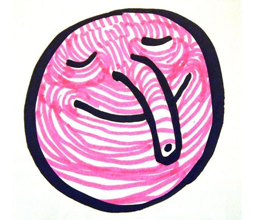 Drawing of a smiley face with a long nose, colored in pink