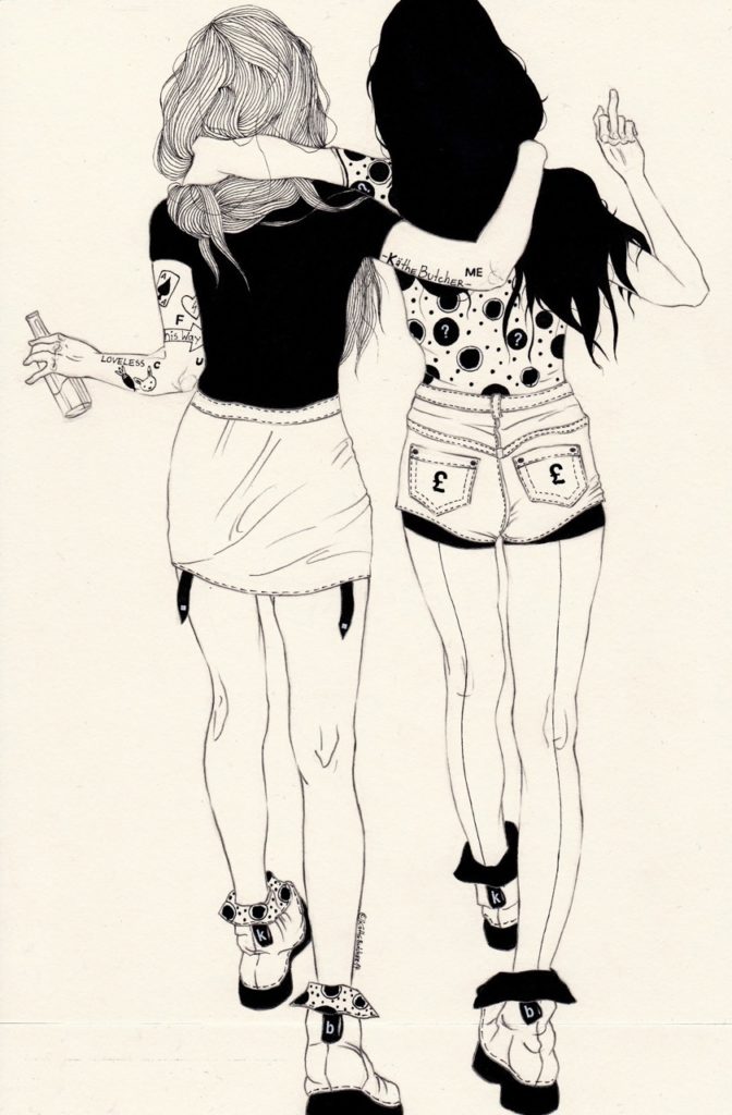 Illustration of the backs of two girls.