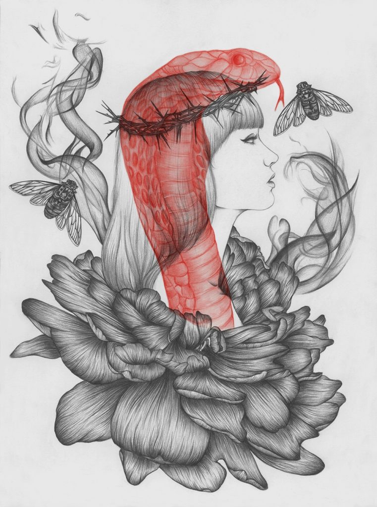 Drawing of a red snake and a girl.