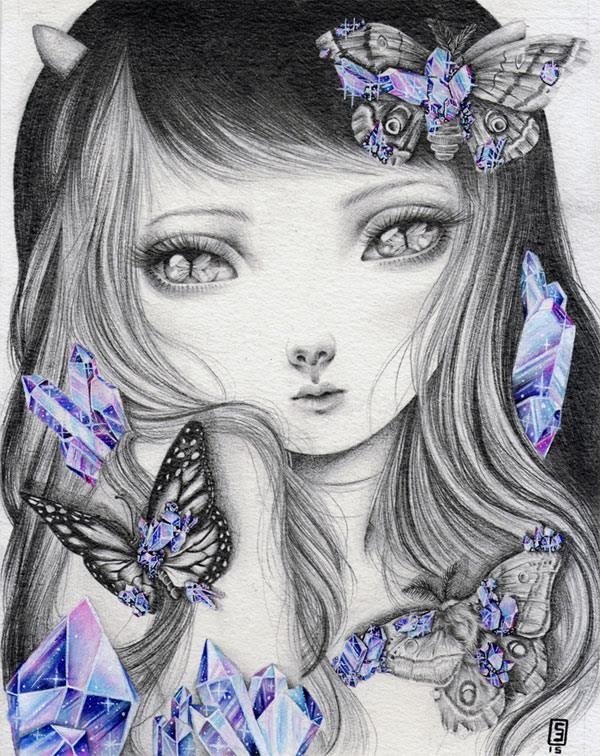 Portrait of a girl and butterflies.