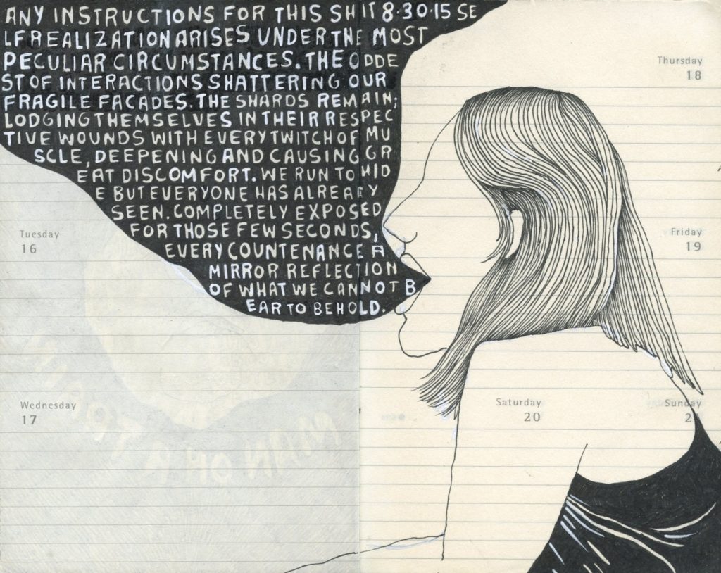 Sketch of girl and lettering.