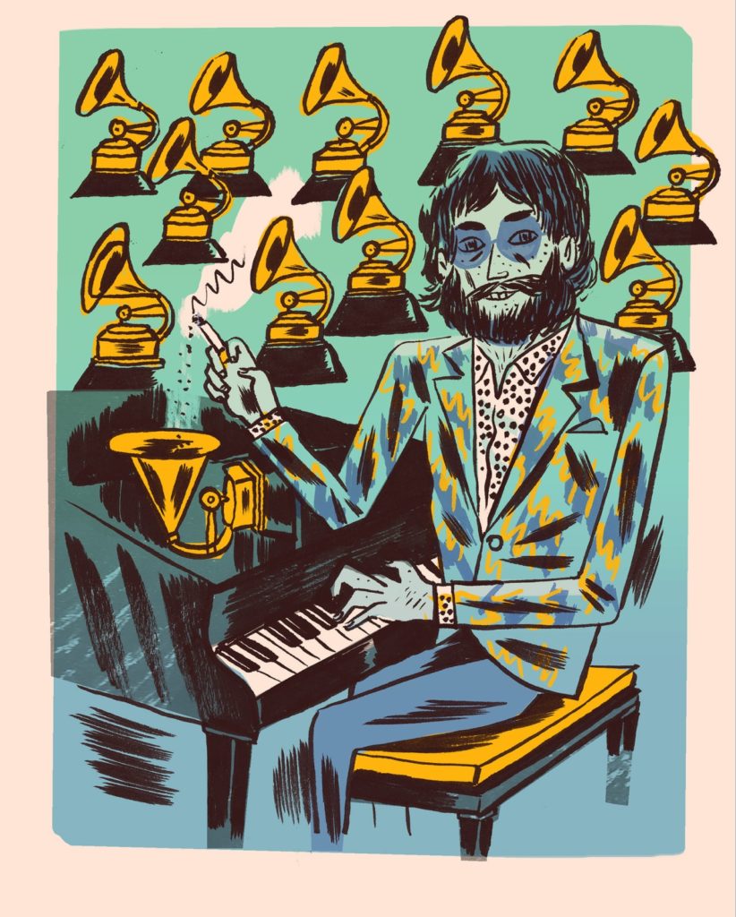 Drawing of a man and a piano.