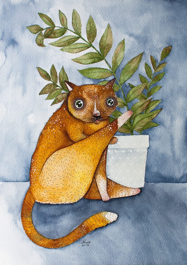 Drawing of a cat and a plant.