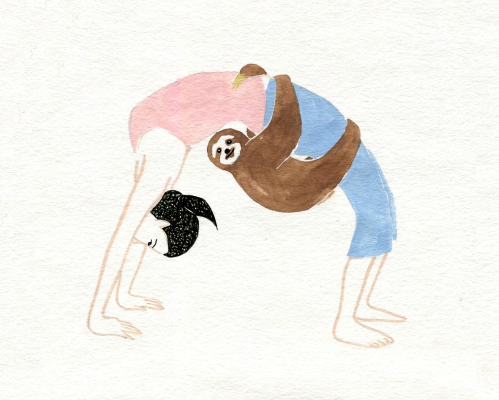 Girl doing yoga with animal.
