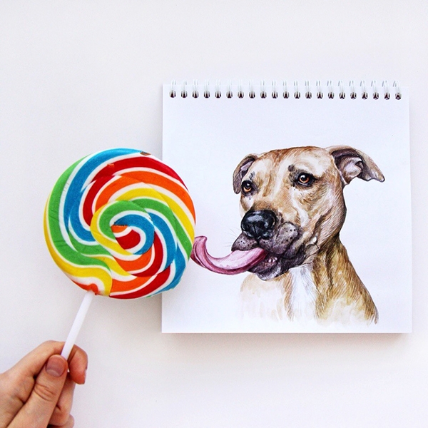 Drawing of a dog licking a lollipop.