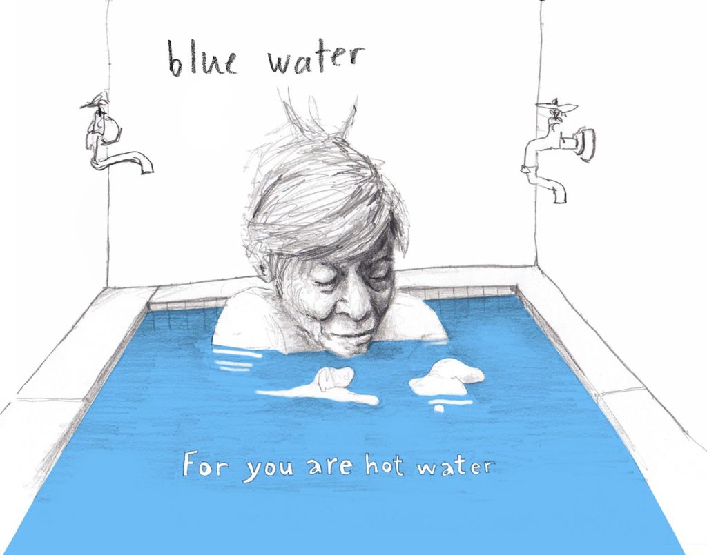 Sketch of someone in blue water.