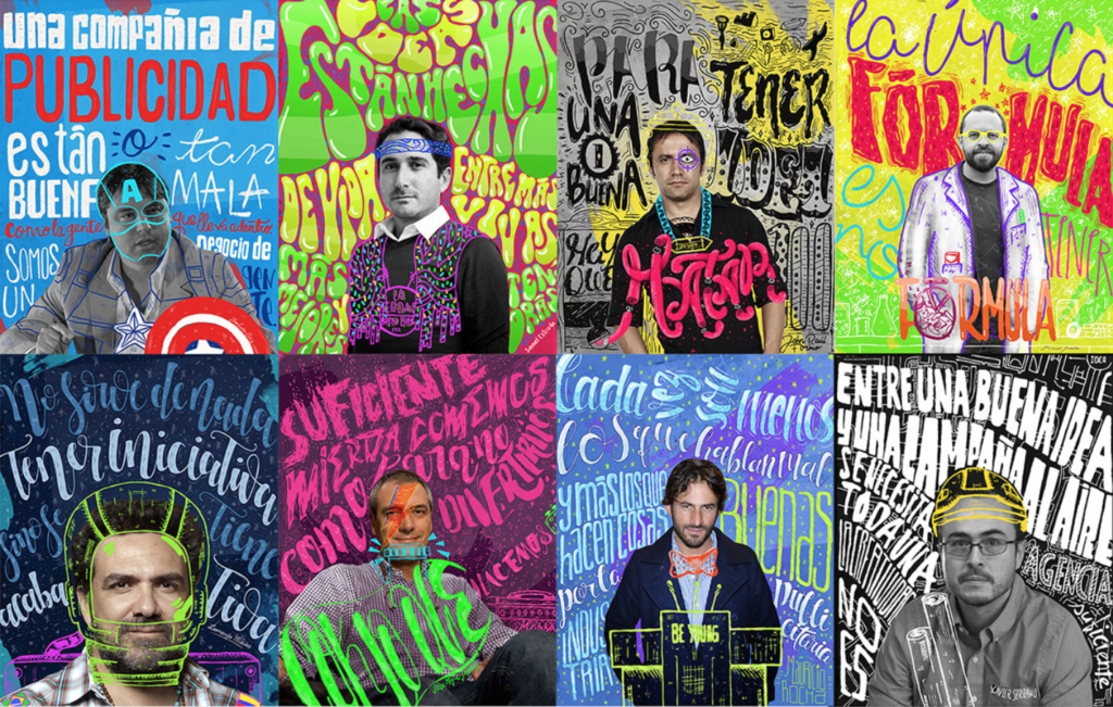 Collage of several magazine covers with lettering on them.