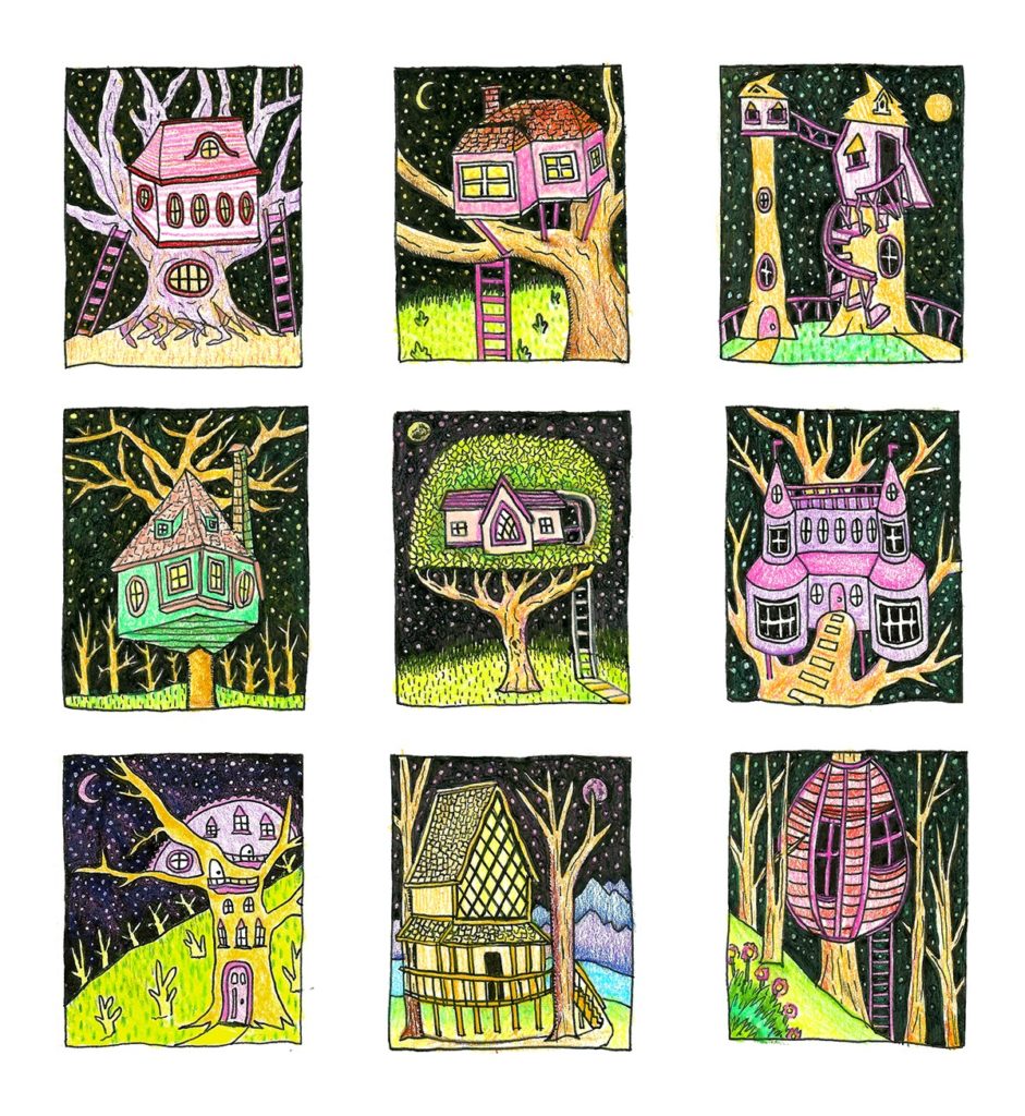 Collage of imaginary treehouse sketches.