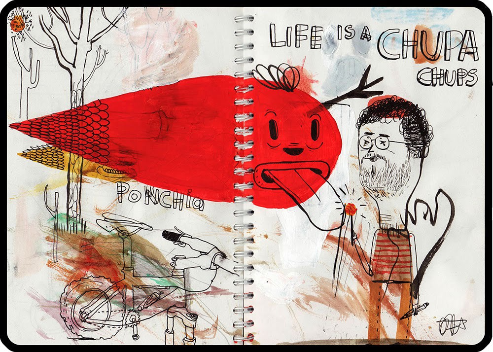 Drawing on a sketchbook of man and red monster.
