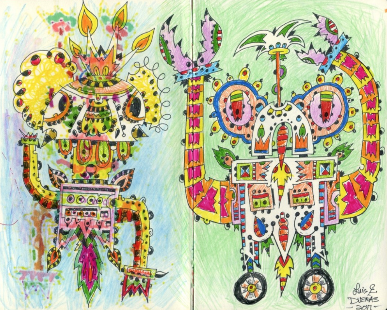 Drawings of two robots.