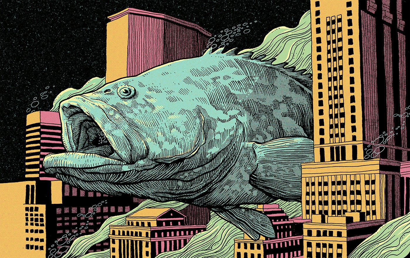 Surreal digital illustration of a fish swimming through a city