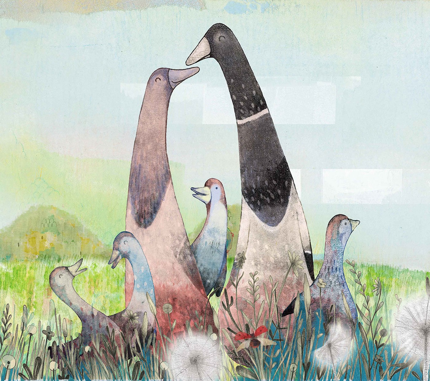Surreal illustration of geese