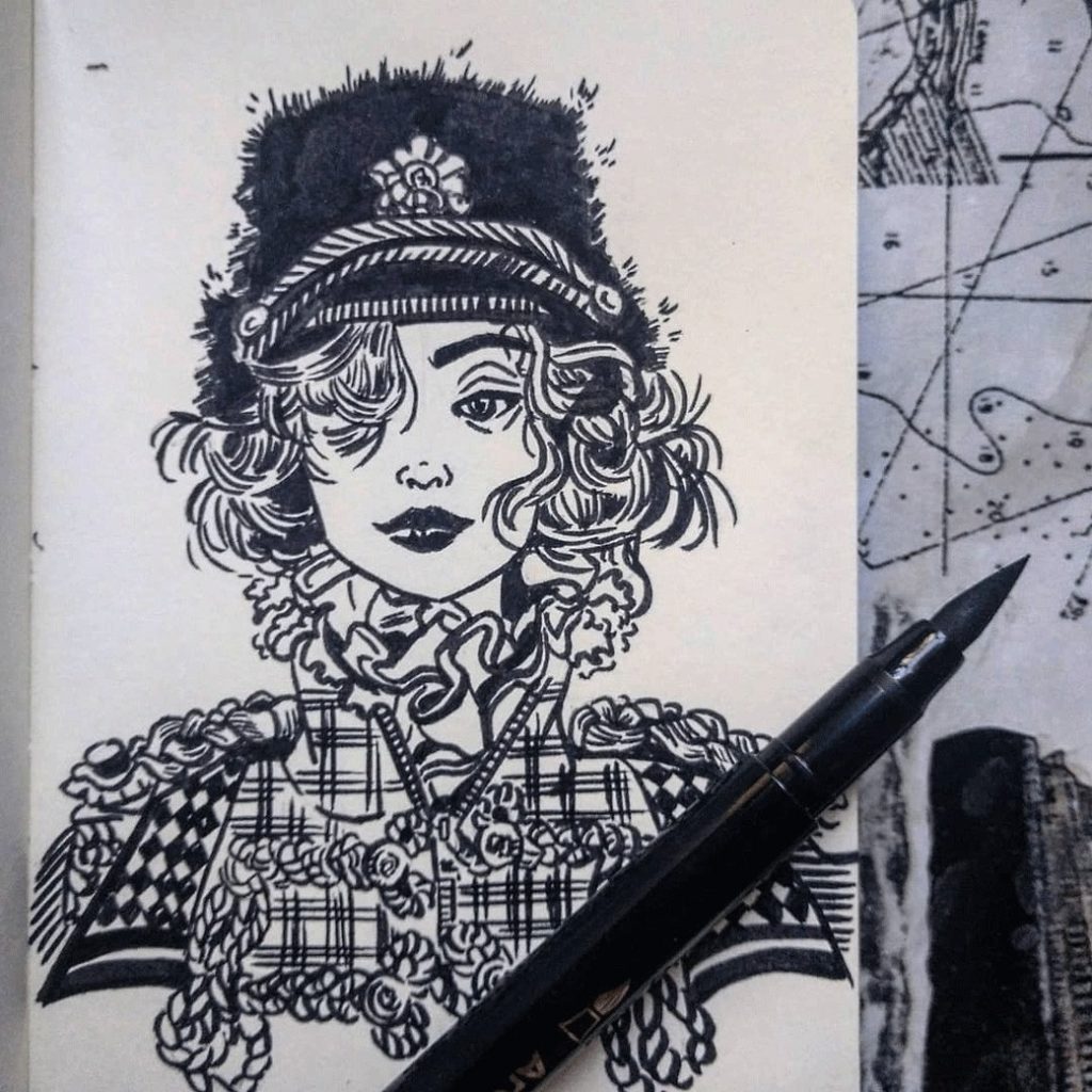Ink drawing of cool girl with a hat