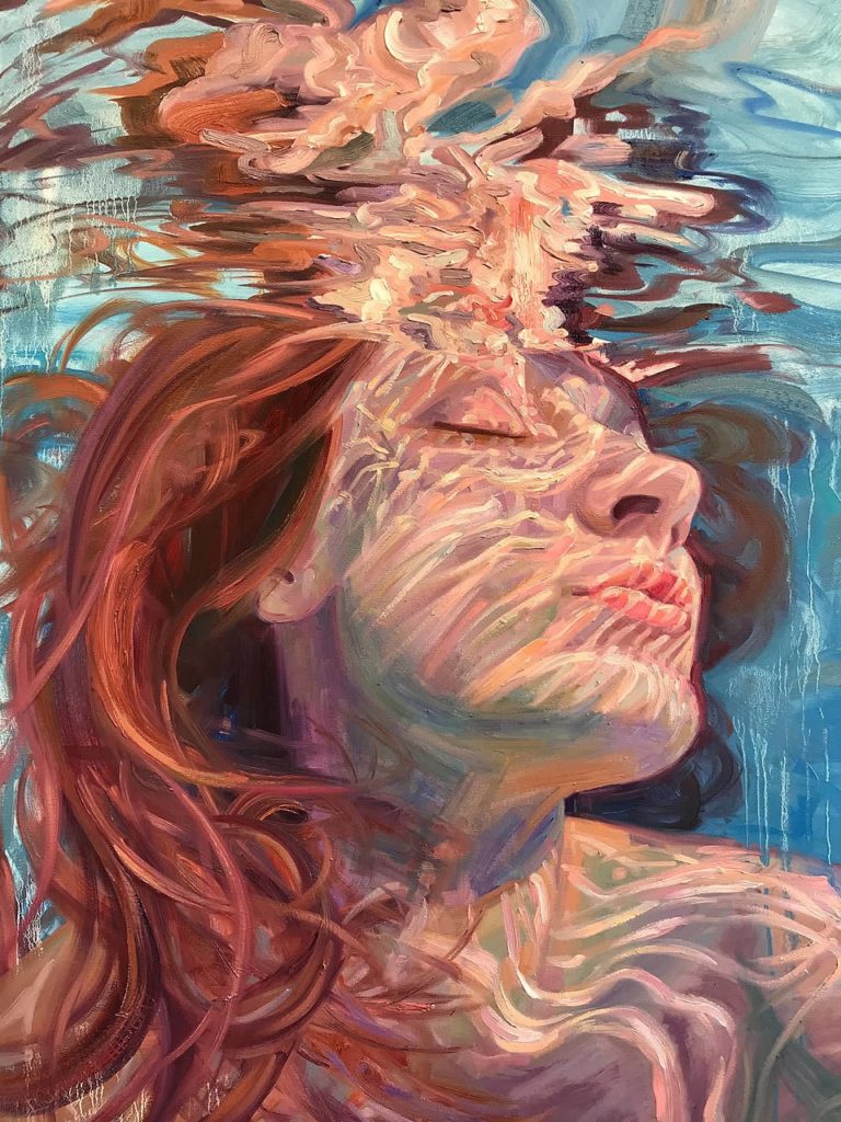 Painting of a woman submerged in water.