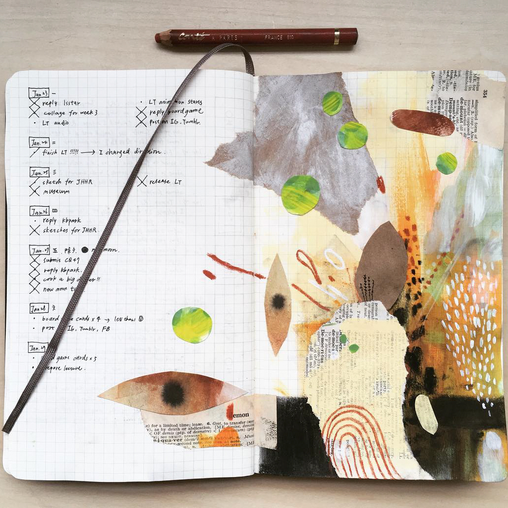 sketchbook filled with collages