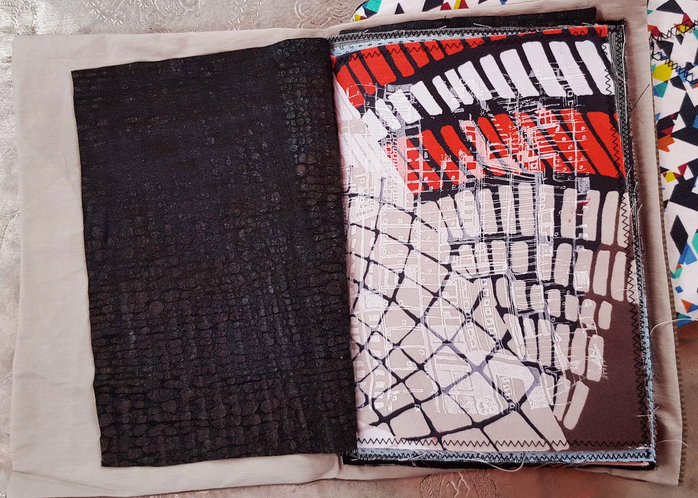 patterned swatches, textured fabric, sketchbook drawing