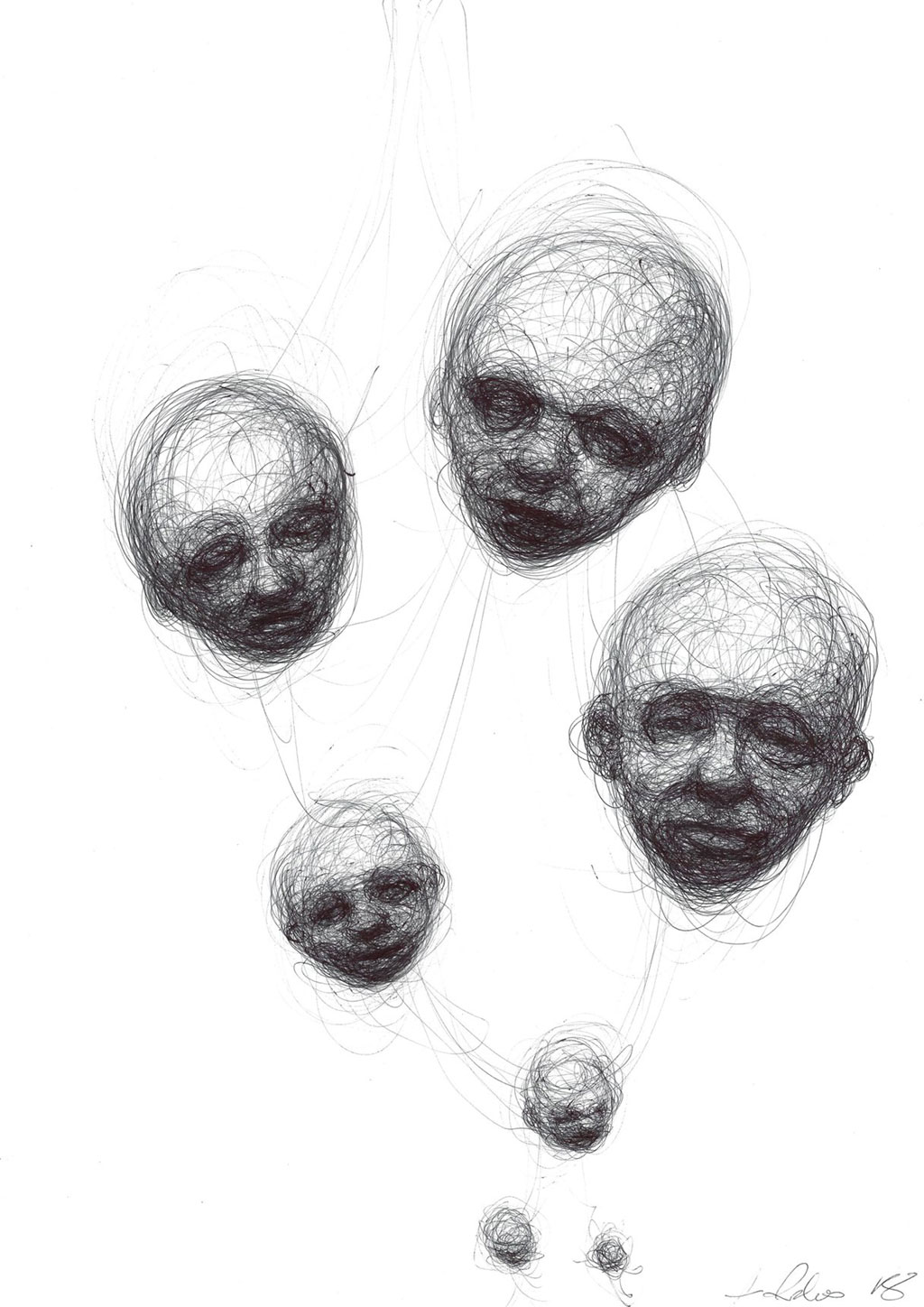 Ballpoint pen drawing of 7 heads getting larger as they reach the top of the page