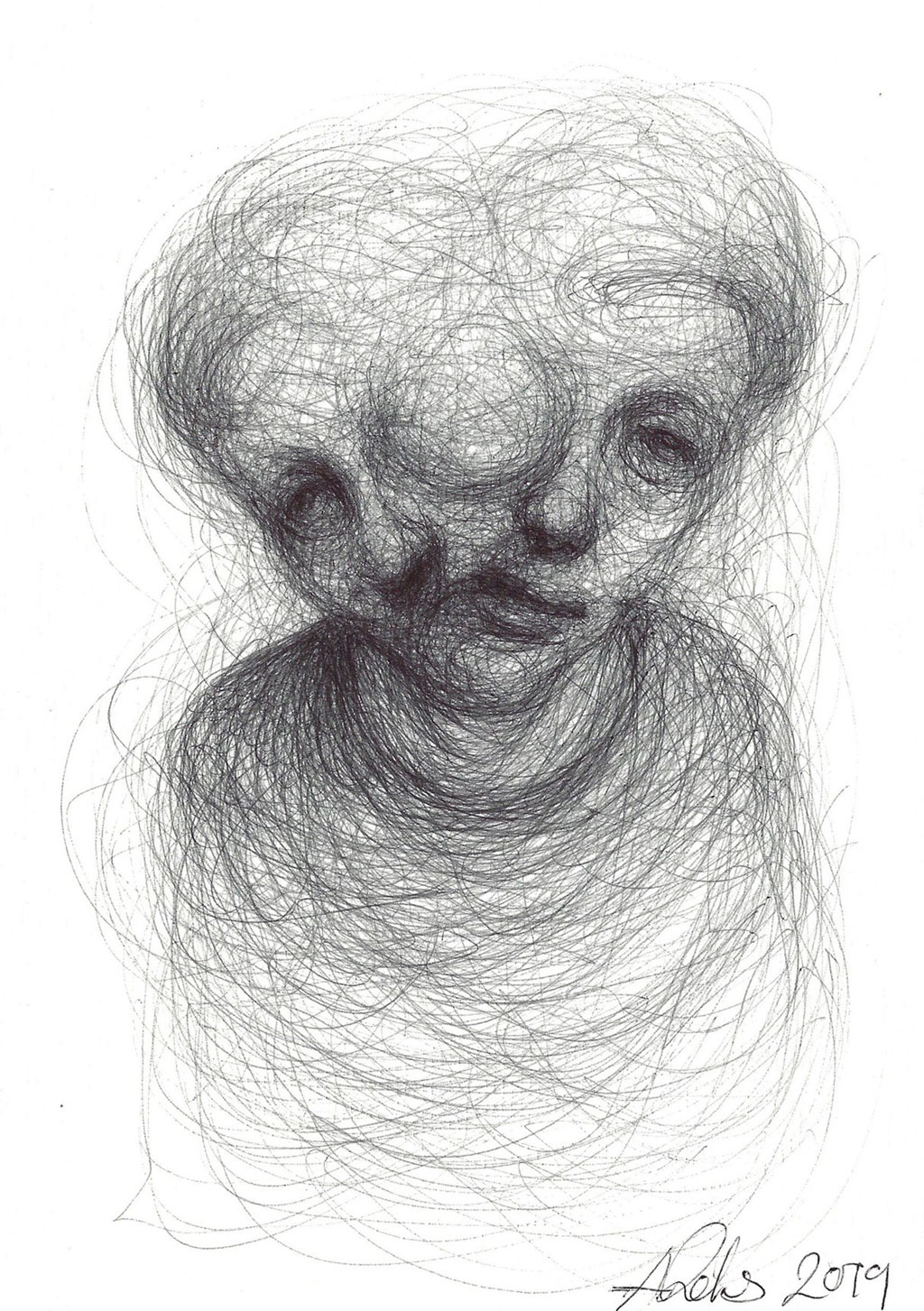 Ballpoint pen drawing of a figure with two faces emerging from the same head