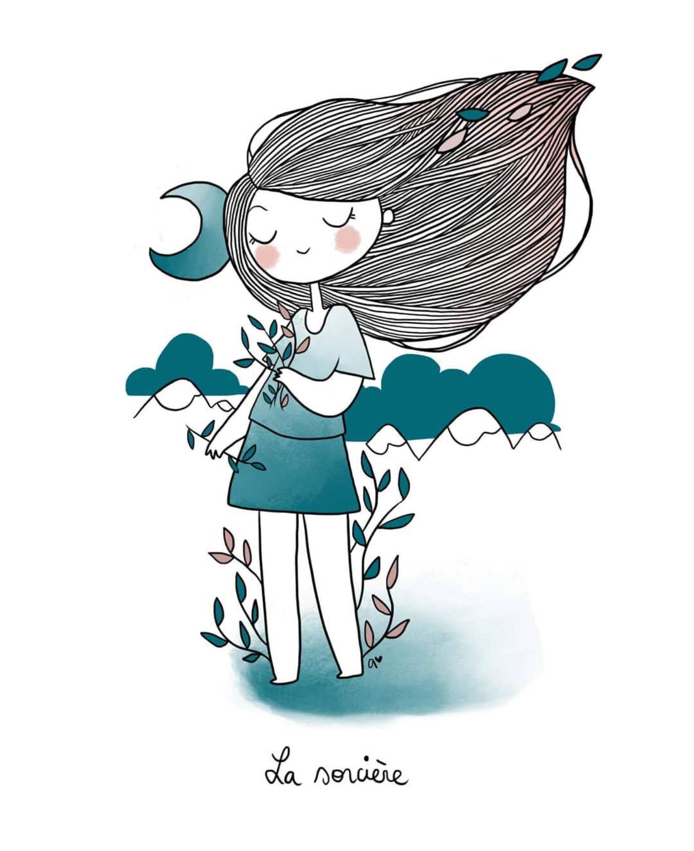 Illustration of Girl with Long Flying Moon Light
