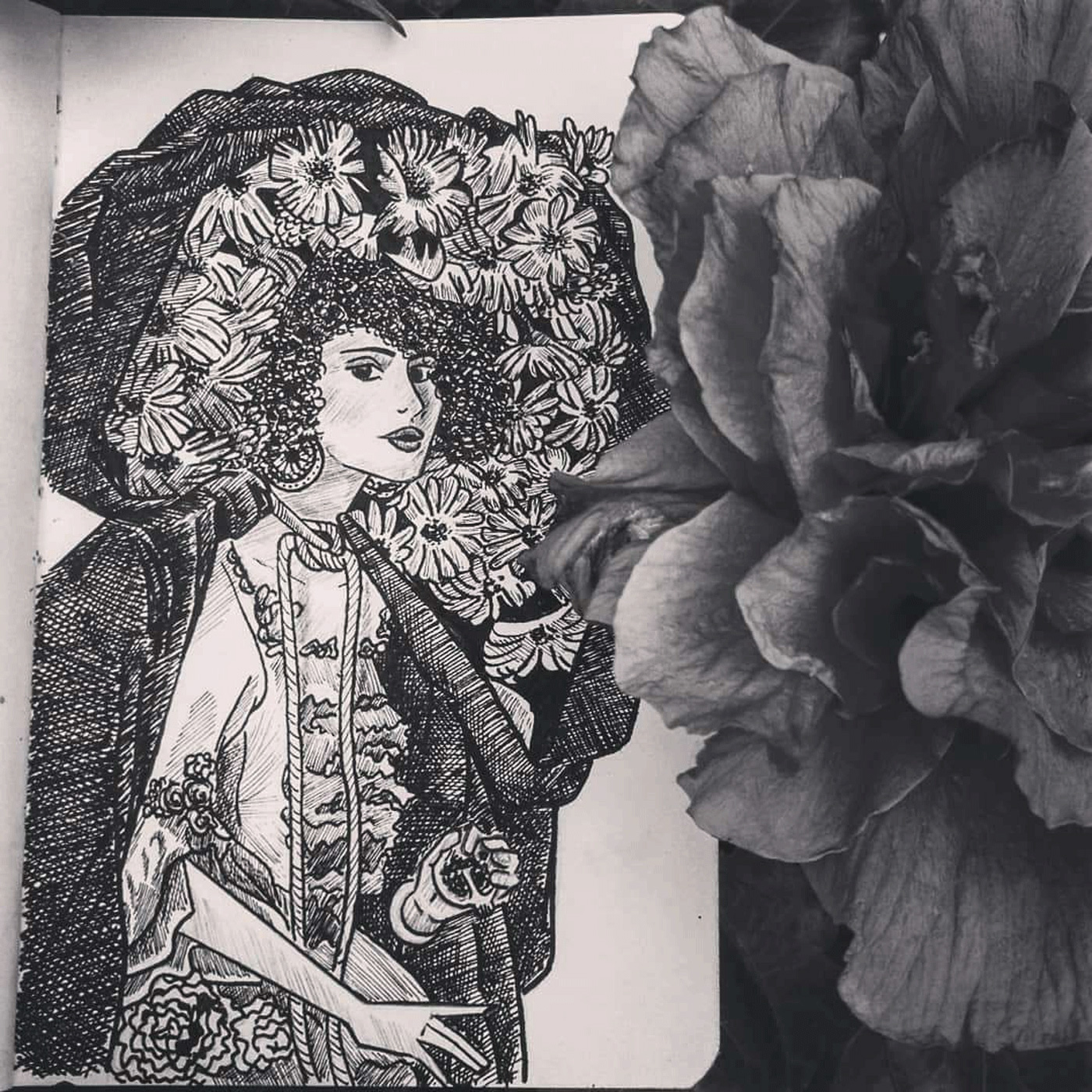 Pencil Drawing Of  A Women With A Rose Flower 