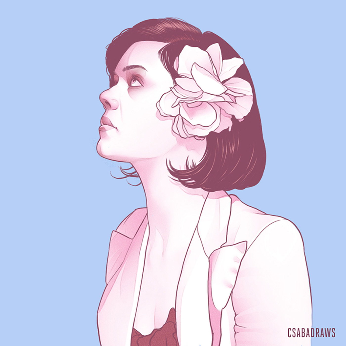 Drawing of a Girl With Short Hair and Flower Pin In Hair