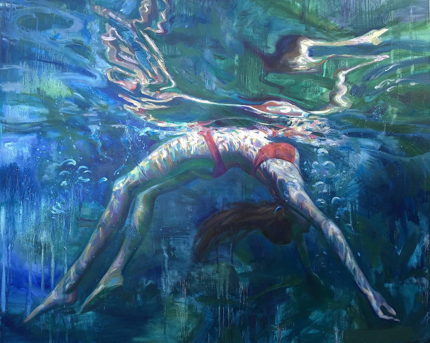 Oil Painting of Girl Balanced Weight Under Water