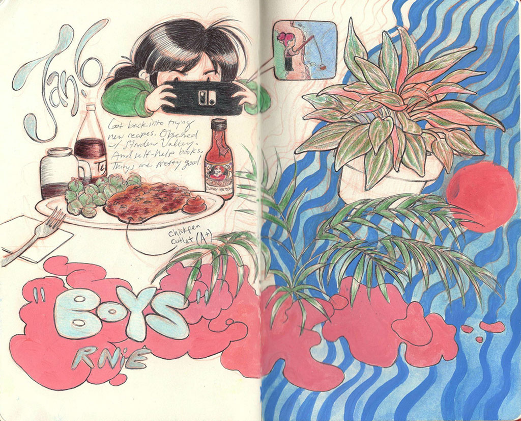 Two Page Sketchbook Spread with Various Illustrations