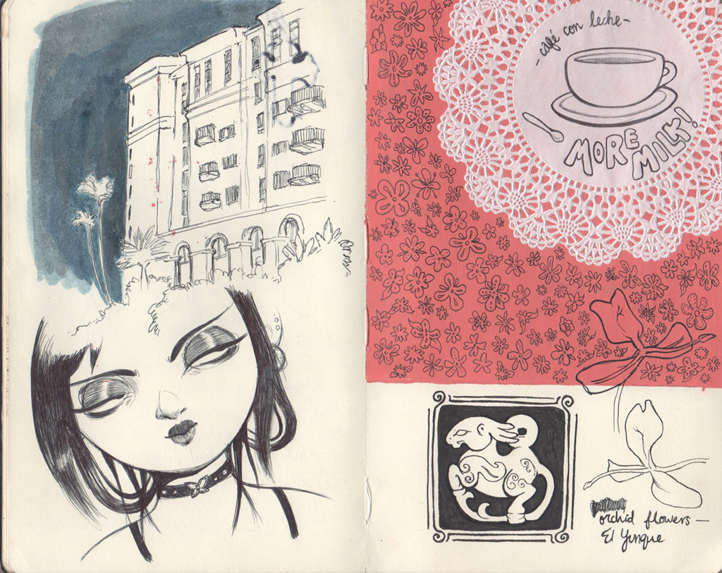 Another two page sketchbook spread showcasing various illustrations
