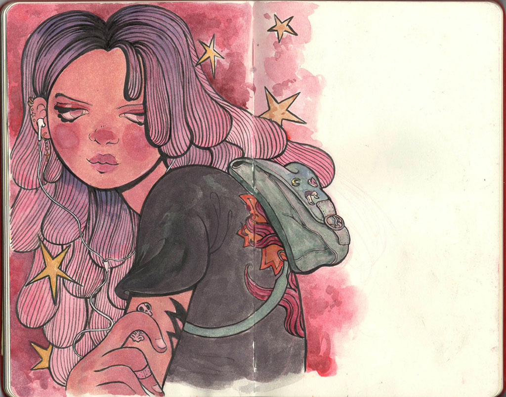Illustration of Girl with Purple Hair with a Backpack