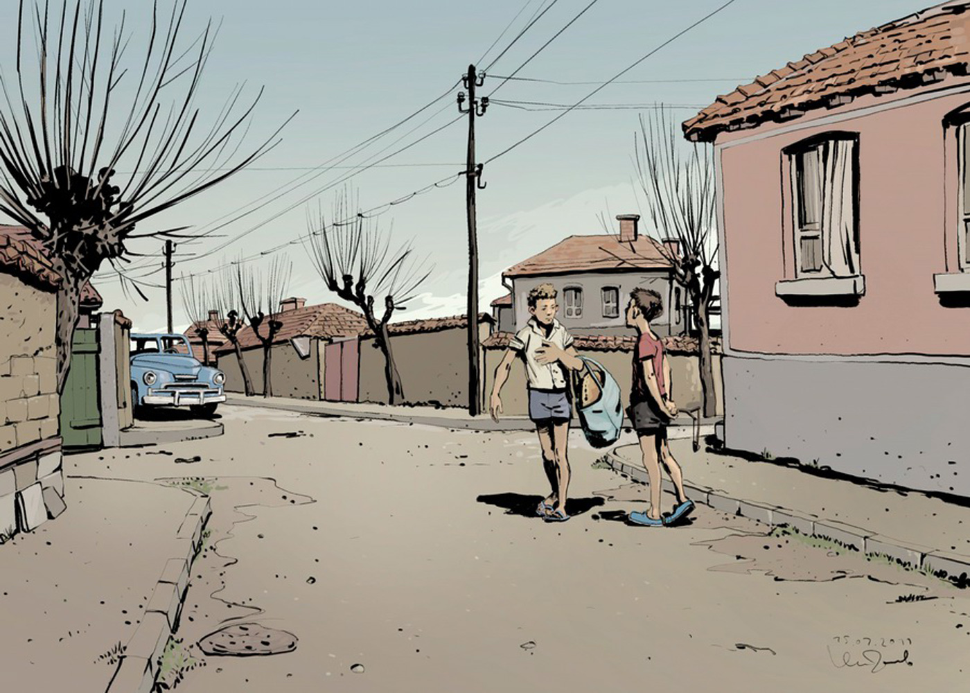 Comic Art Of Two Boys Talking On The Village Street