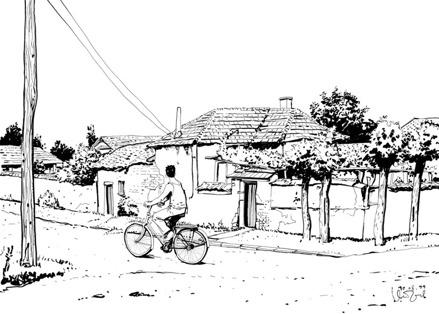 Comic Art Of a Boy Cycling In Village Street