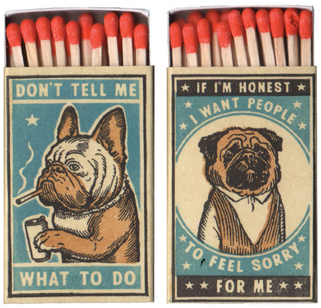 Close-up View of Two Matchbox Bulldog and Pug Prints