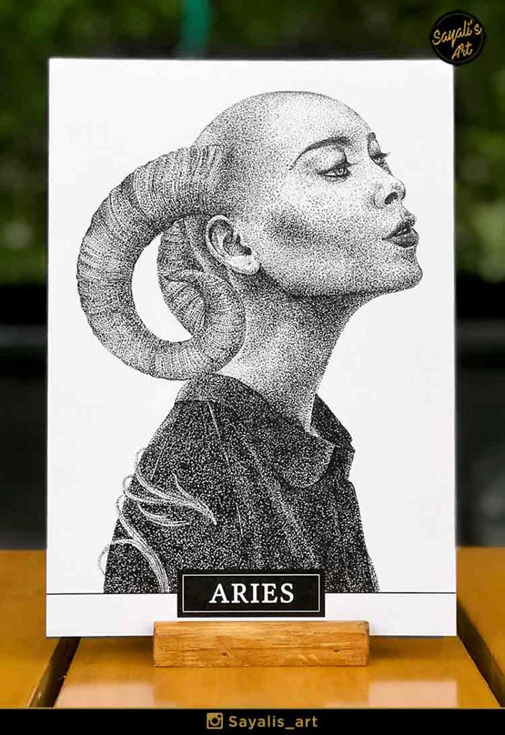 Stippled Drawing of an Aries Woman with Ram Horns 