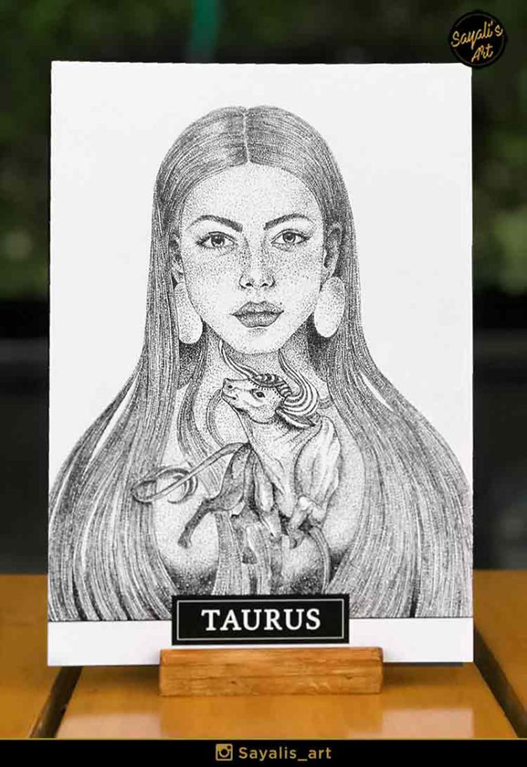 Stippled Drawing of a Taurus Woman with a Bull