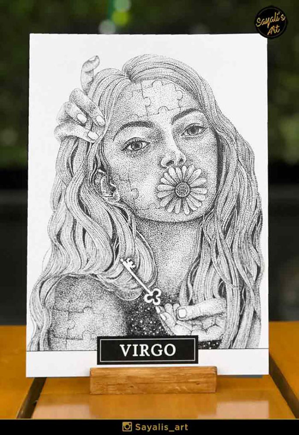 Stippled Drawing of a Virgo Woman Made of Puzzle Pieces and a Flower Over Her Mouth