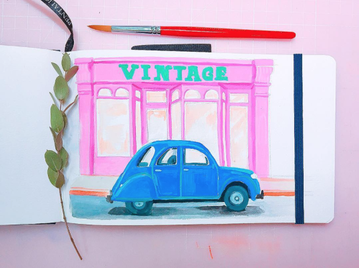 vintage painting, old car illustration, pink gouache