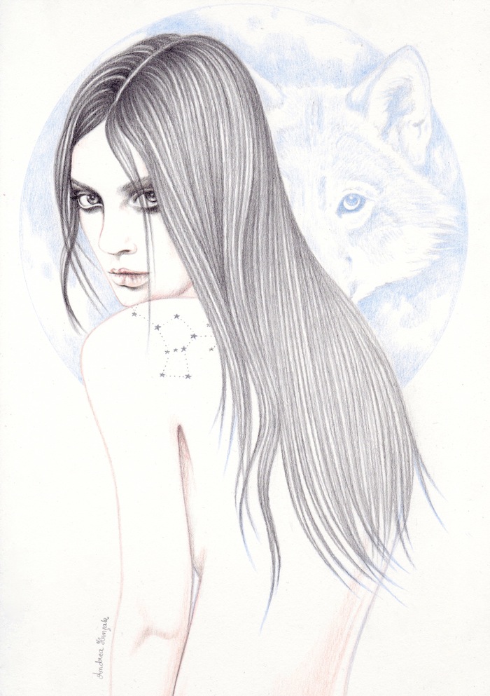 drawn girl with wolf