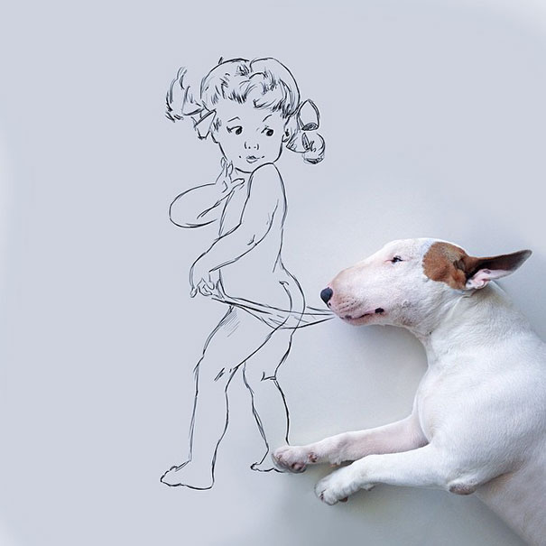 wall doodle with bull terrier dog