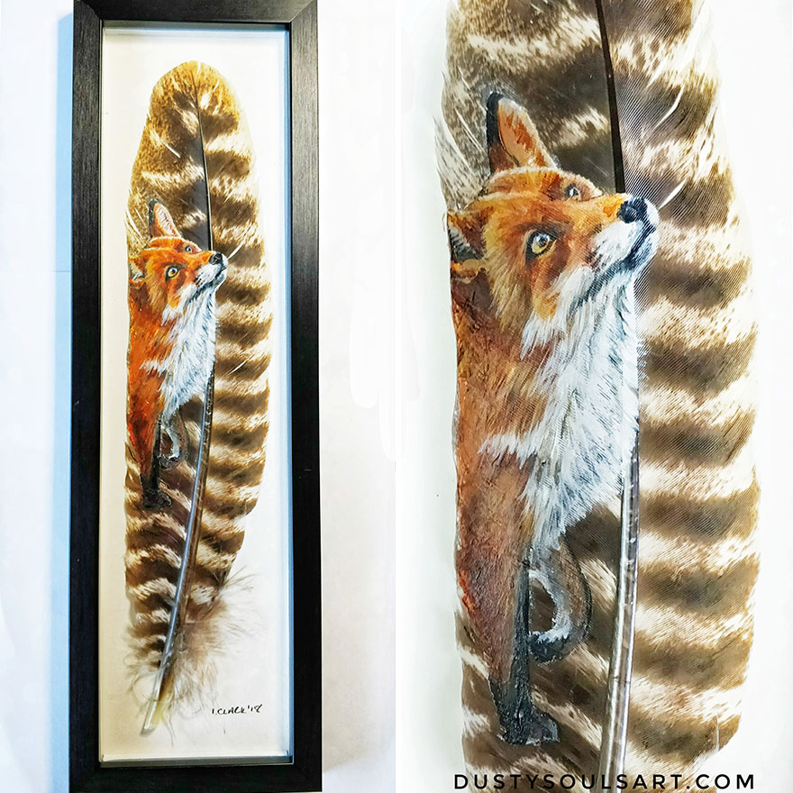 Fox drawn on a turkey feather