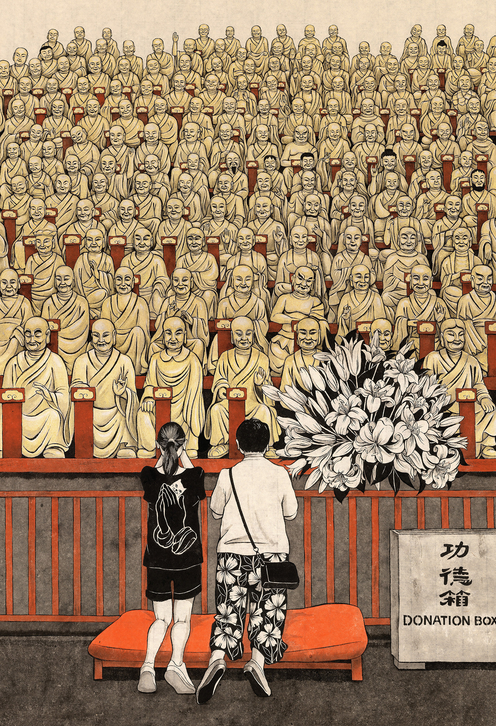 Drawing of many buddhists