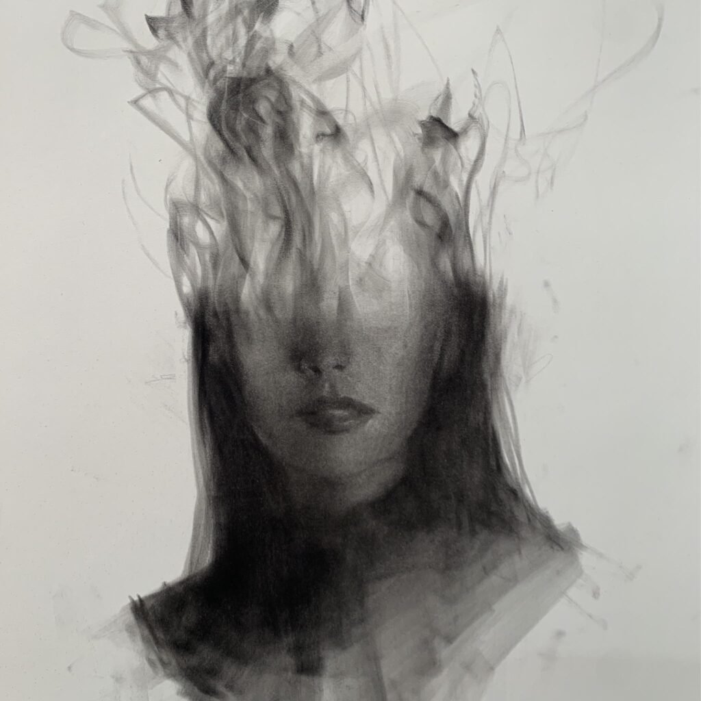 Charcoal illustration of woman and fire