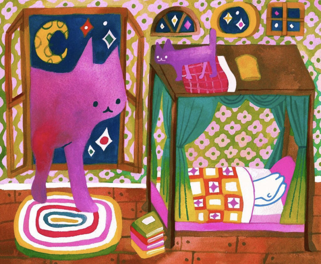 Watercolor image of a large purple cat walking into a room where a bunny is asleep in bed