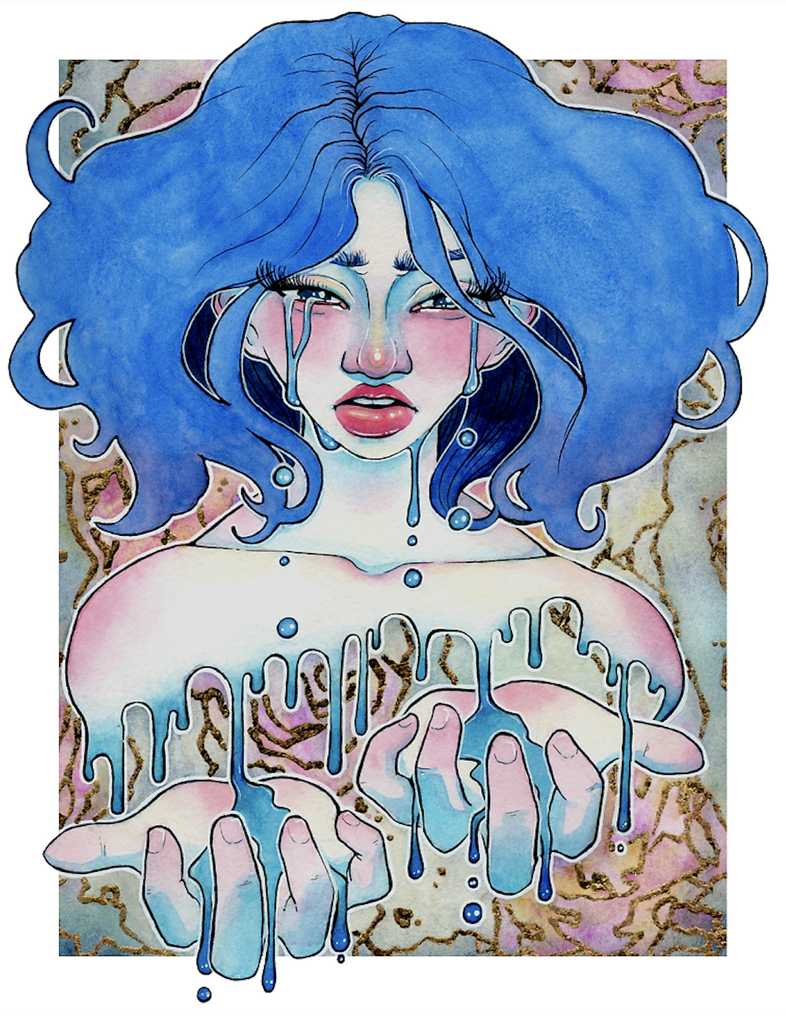 Watercolor portrait of a woman with blue hair crying