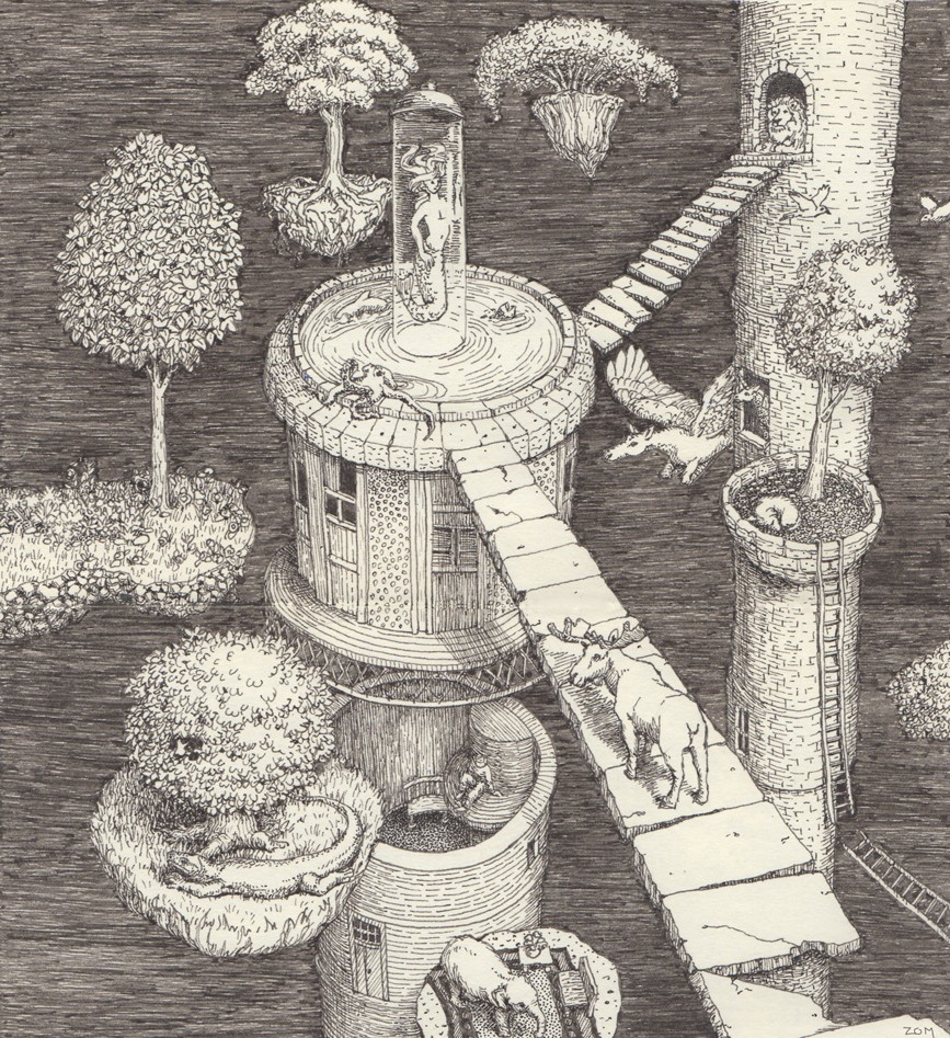 Pen and ink illustration of a fantasy world