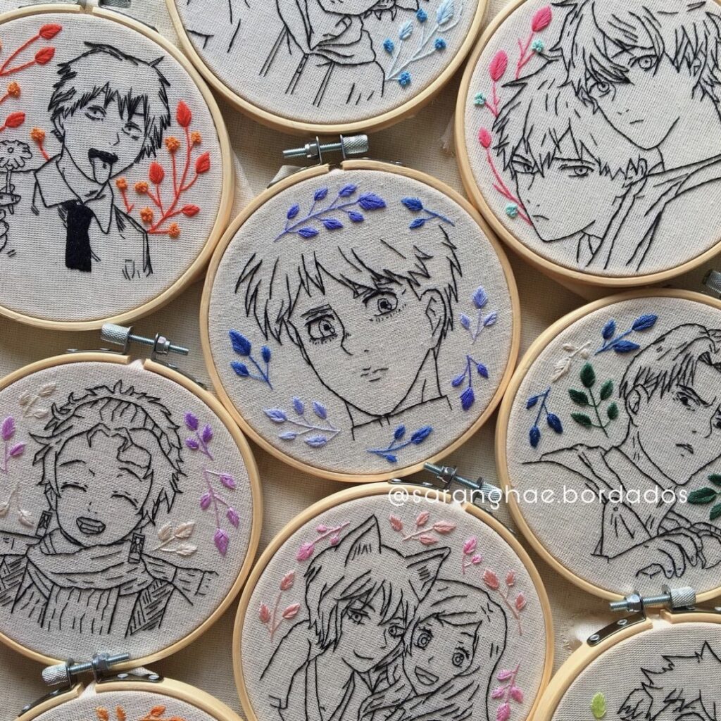 Multiple embroidered anime artworks