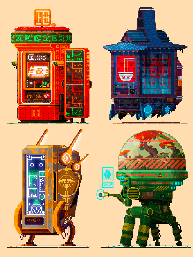Image showing 4 illustrations of cyerpunk vending machines