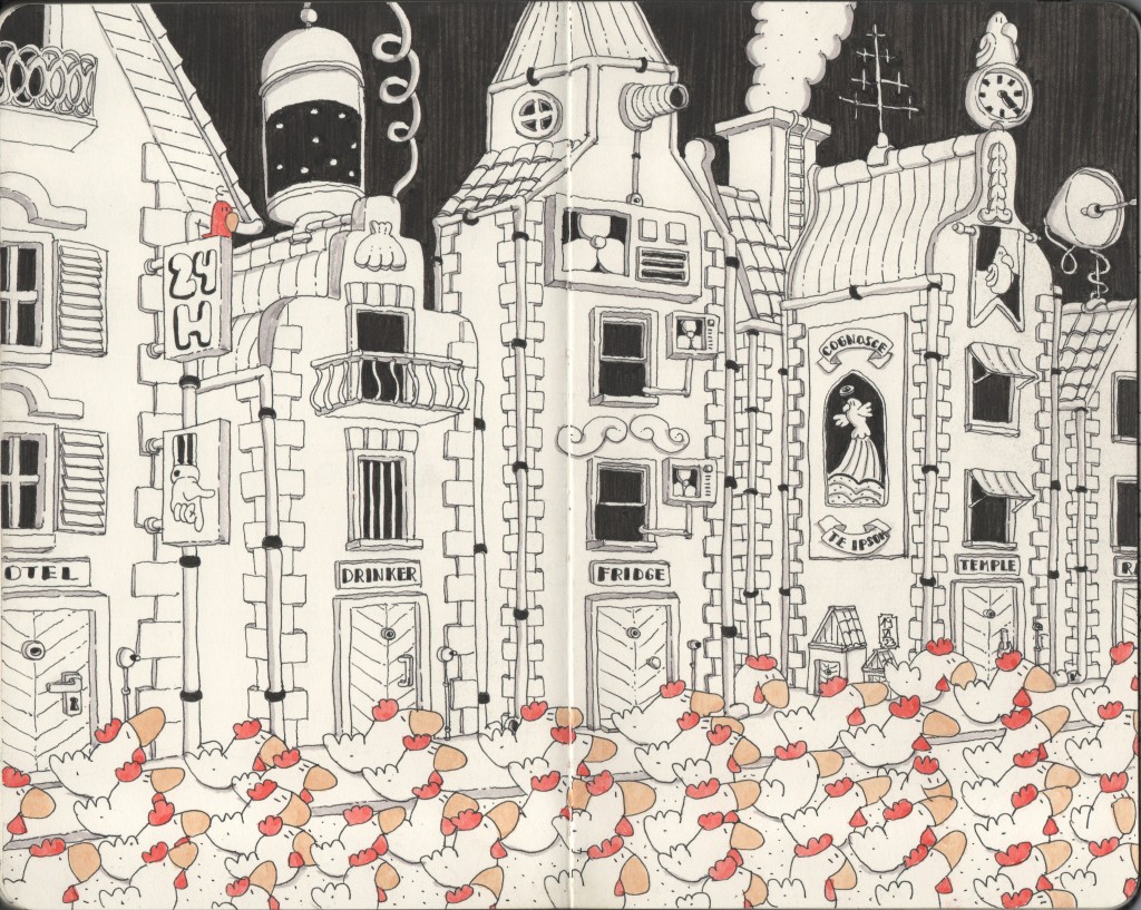 Sketchbook spread of a castle illustration