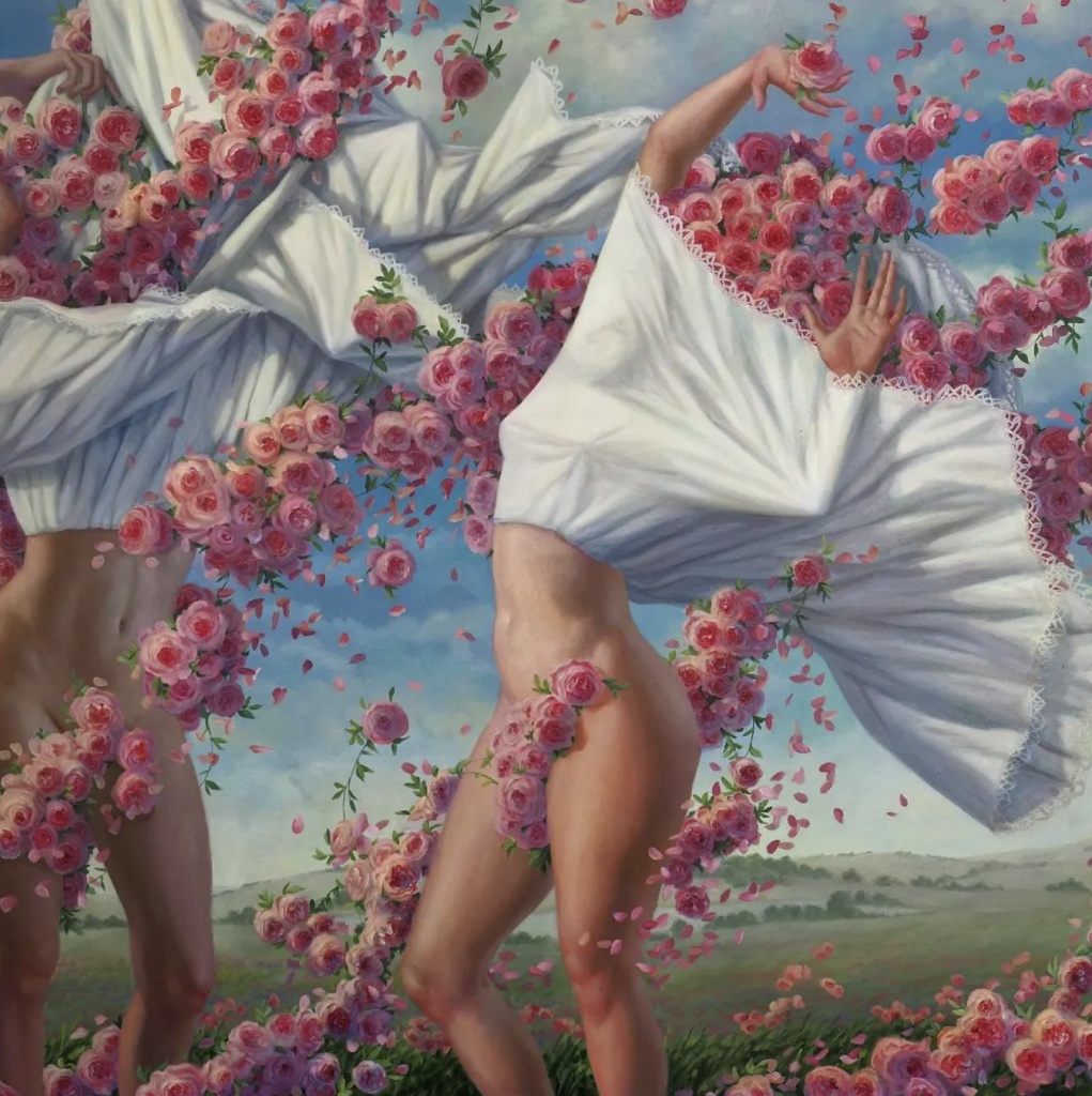 Painting of two woman in a field with shirts over their heads surrounded by pink flowers