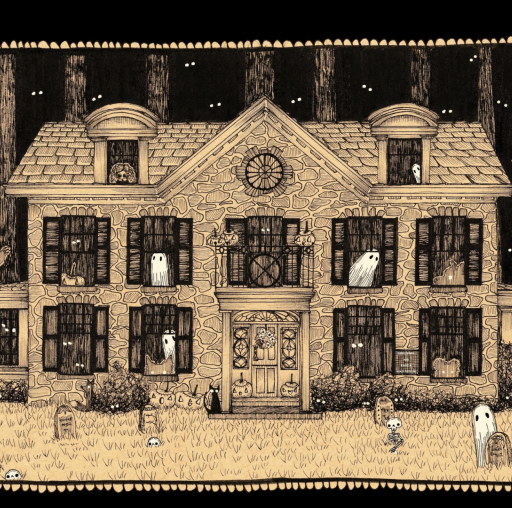 Drawing of a haunted house